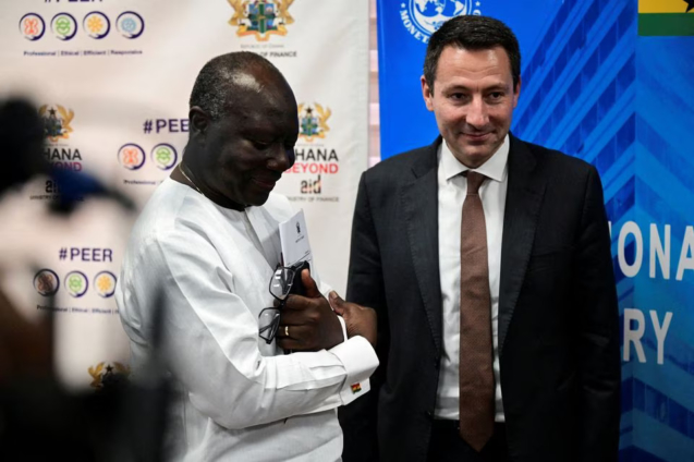 Finance Minister Ken Ofori Atta stands next to Stephane Roudet IMF Mission Chief for Ghana 637x424 1